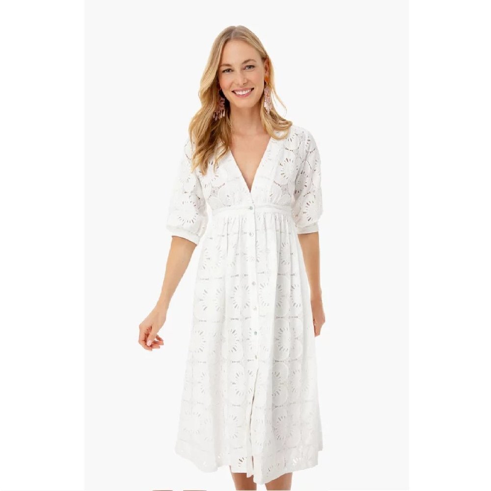 dRA Women's Sand Dollar Evelyn Midi Dress White Lace Button Front Puff Sleeve L
